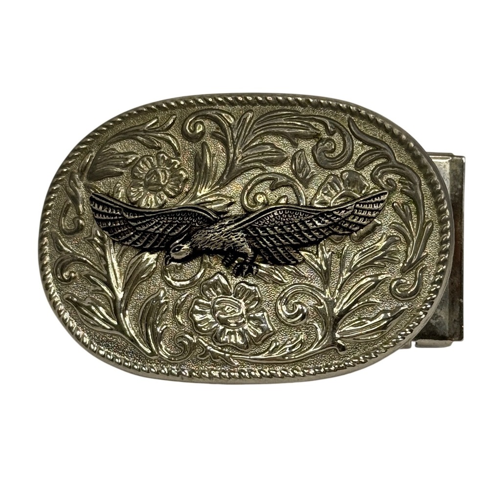Vintage Silver Tone Eagle Floral Embossed Oval Western Belt Buckle Cowgirl Rodeo